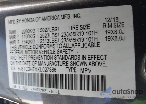 2019 Acura Rdx Advance Package from USA, damaged, VIN 5J8TC2H7XKL027386